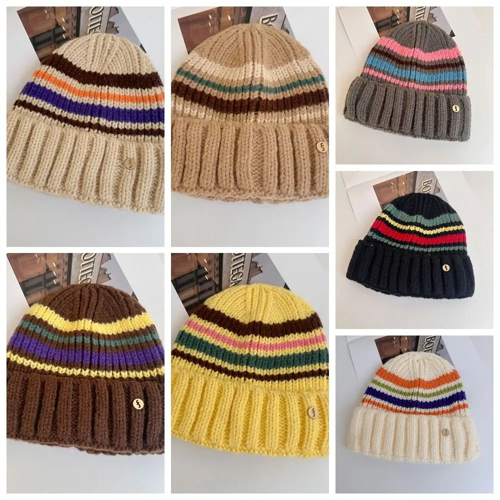Vintage Striped Knitted Hat Trendy Breathable Casual Wool Hat Coldproof Korean Style Winter Pullover Hat Apparel Accessories