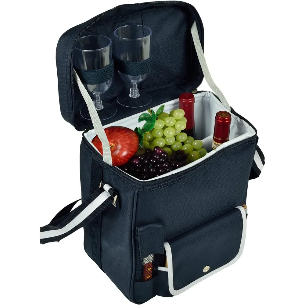 Cesta/enfriador de picnic para vino y queso con tabla de cortar de madera dura, cuchillo para queso y sacacorchos - Azul marino