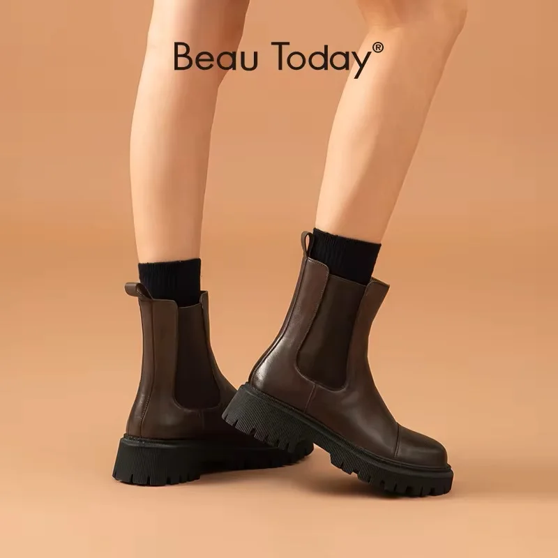 Beau Today płaskie botki Chelsea dla kobiet oryginalna skóra bydlęca elastyczny pasek wiosna jesienne buty damskie Handmade A02379