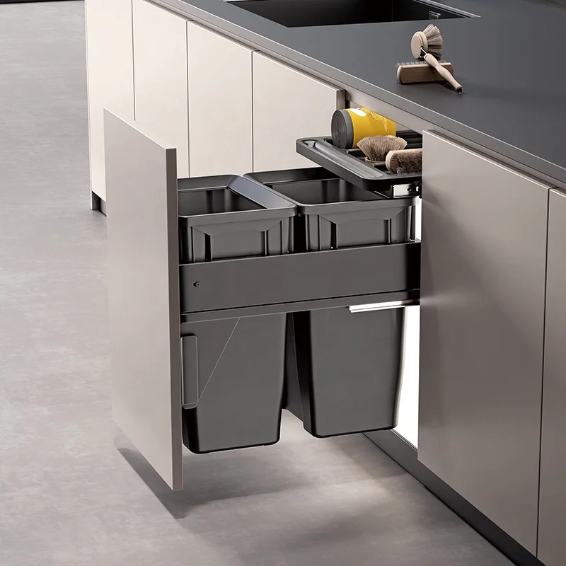 

The kitchen pulls out the trash can under the cabinet
