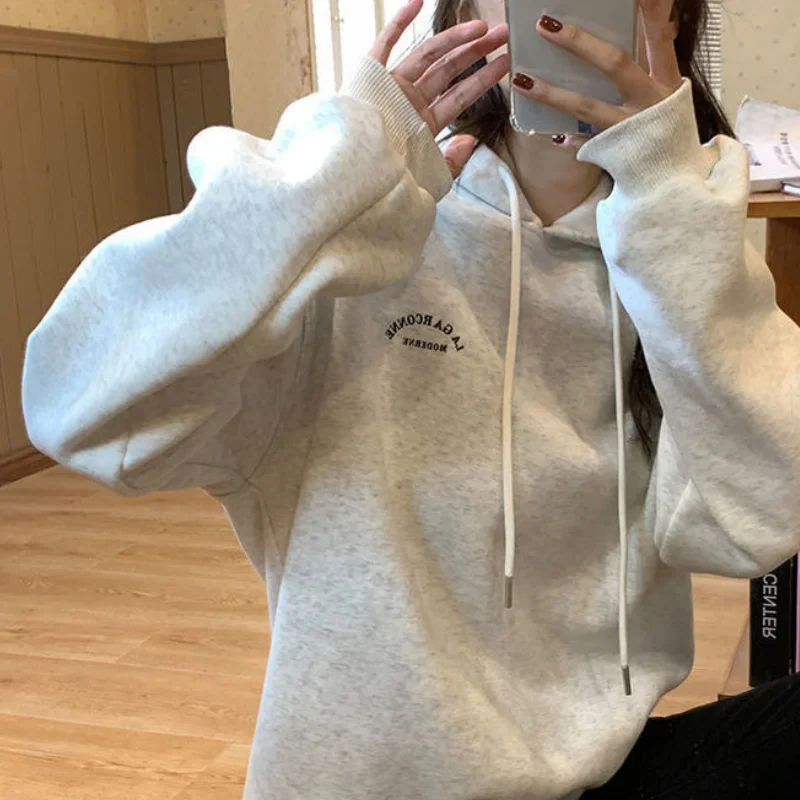 

Autumn Women' Clothing Korean Fashion Loose Solid White Grey Pullover Sweatshirt Letter Print Raglan Sleeves Long Sleeves Hoodie