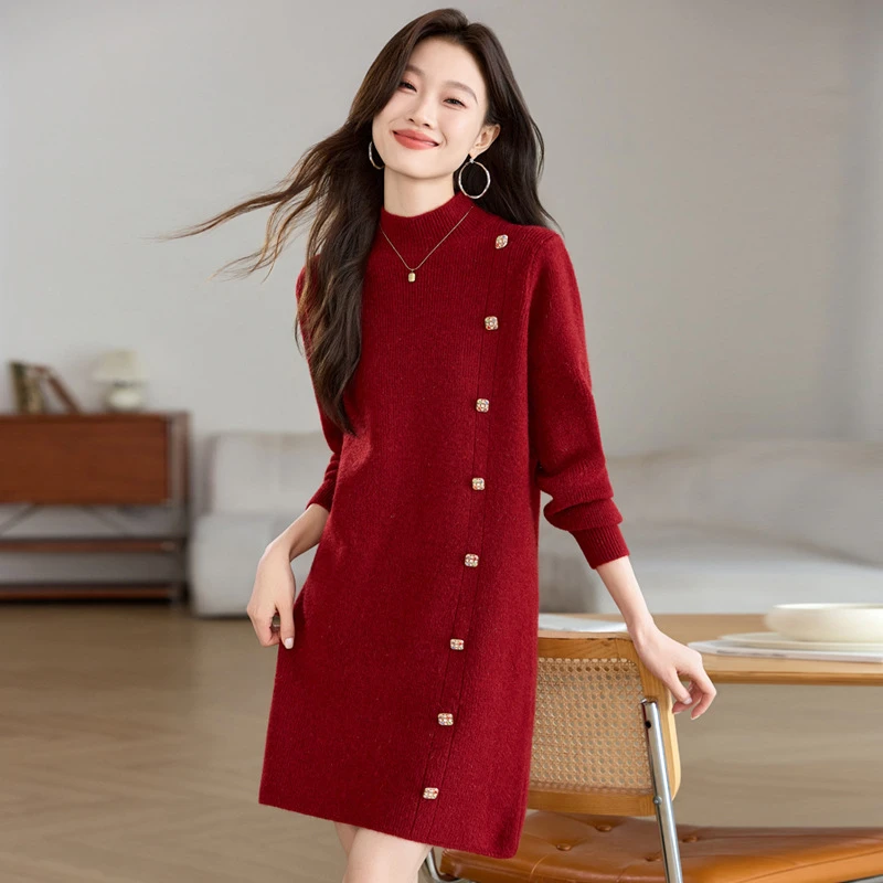 

Новинка 2026, женский пуловер, свитер, весна-осень, трикотажное платье средней длины, однотонная повседневная рубашка на пуговицах с высоким воротником