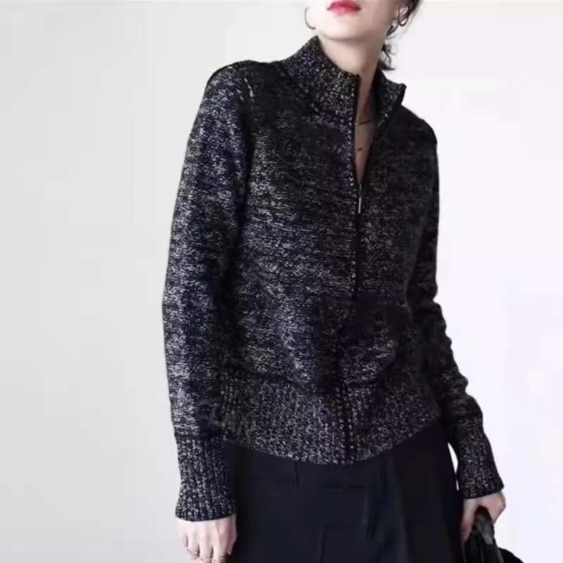 Knitted Cashmere Cardigan for Female, 100% Pure Cashmere, European Zipper Sweater, Popular Coat, High-end, Autumn and Winter