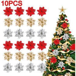 10PCS fiori di natale Glitter artificiale Poinsettia floreale albero di natale ornamenti ghirlande fai da te decorazioni per feste di matrimonio a casa