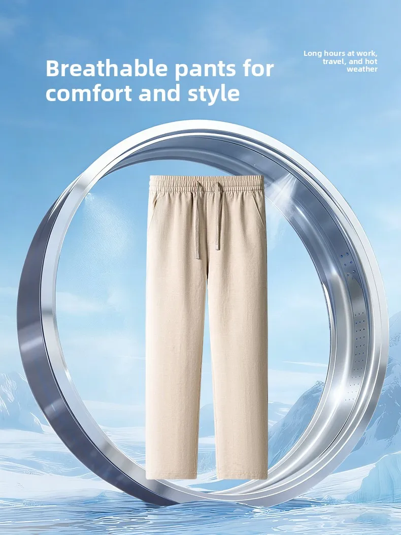 Bestseller Herren Leinen-Lyocell-Hose Sommer Dünn Weich Atmungsaktiv Lässig Cool Gerade Einfache Lange Hose Schwarz Outdoor Alltag – Detail 4