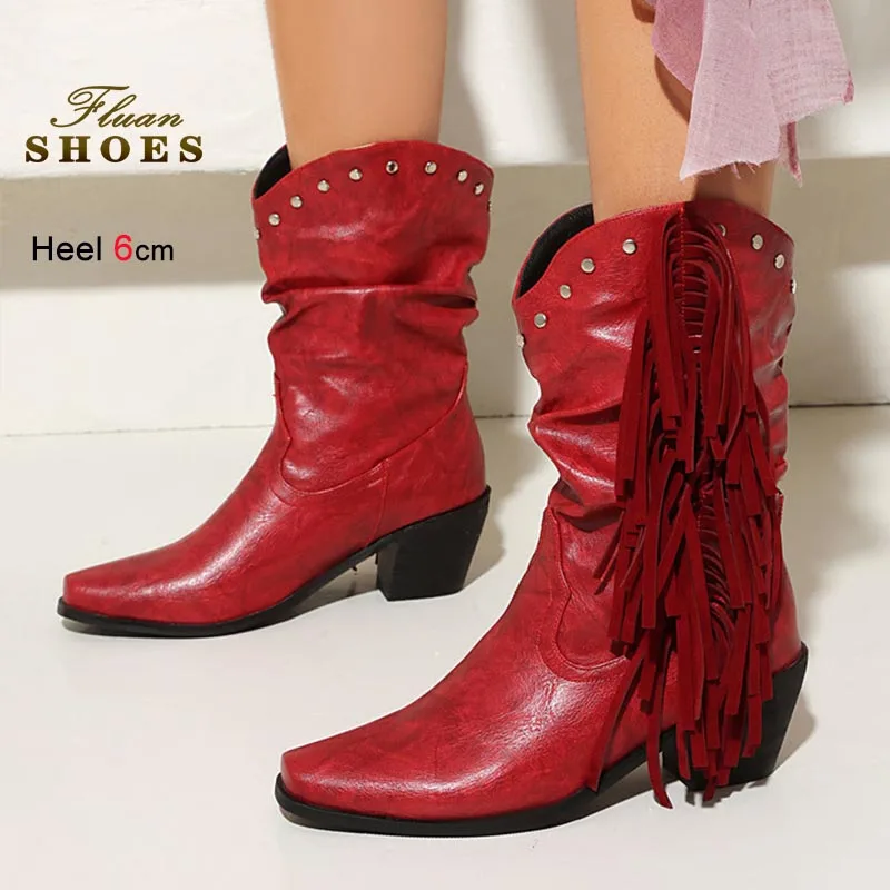 

Ковбойские сапоги в стиле вестерн, женские короткие сапоги с заклепками и кисточками, сапоги до середины икры на грубом каблуке 6 см, модные женские теплые сапоги, рыцарские сапоги