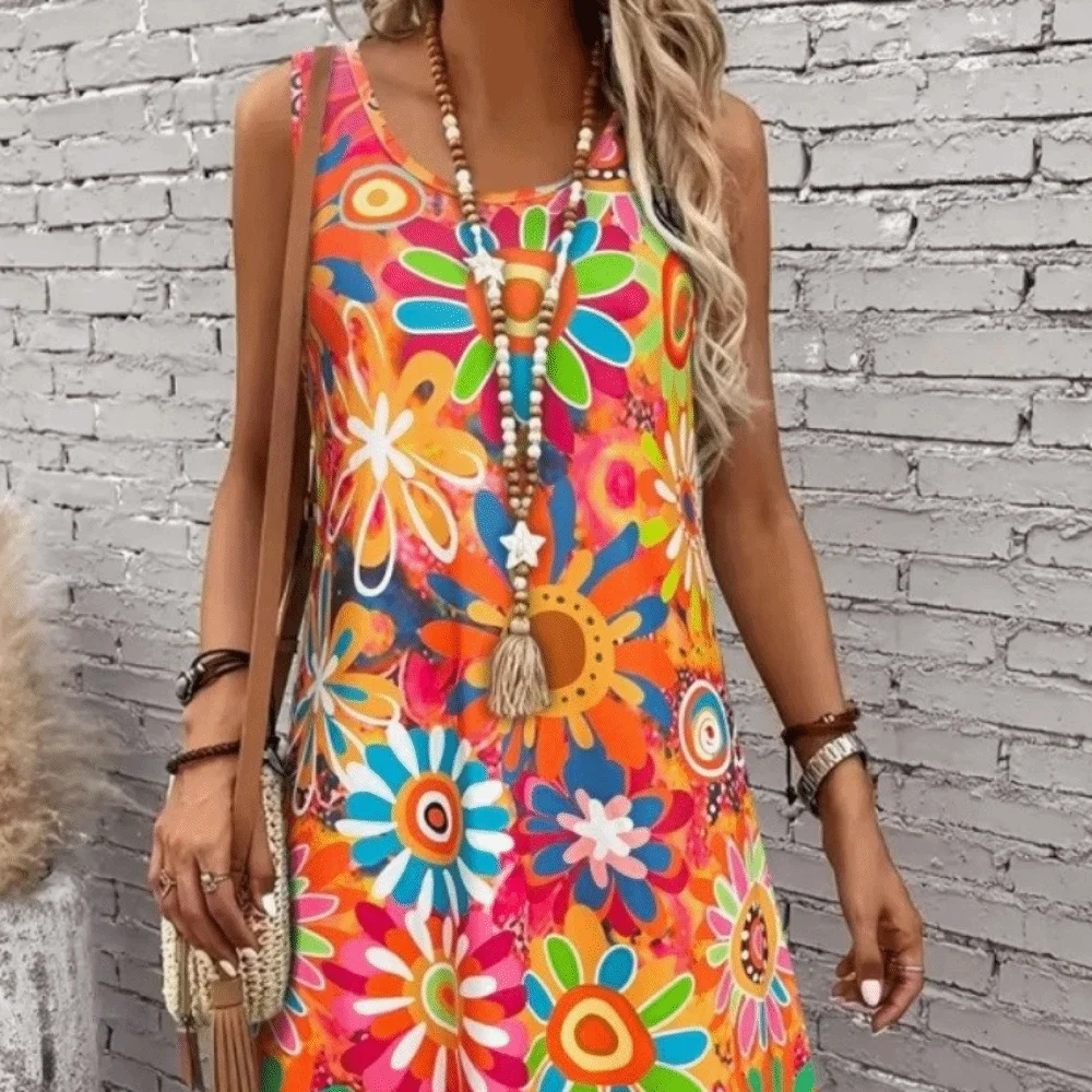 Breathable Round Neck Floral Print Dress Loose Fit Summer Vacation Style Dress Casual Sleeveless Beach Sundress Picnic