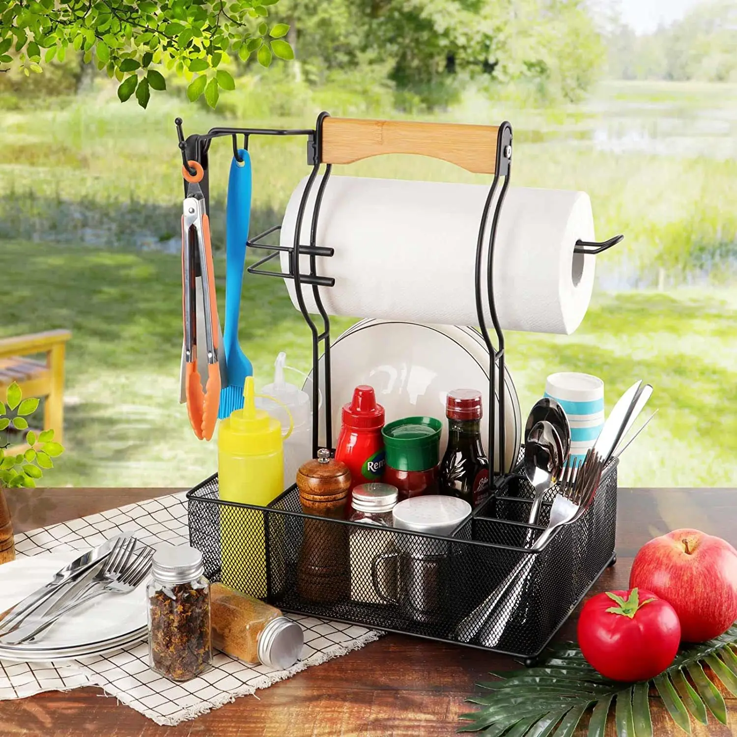 

Iron Art Wood Handle BBQ Basket - Foldable with Handle Organizadores de Cocina Seasoning Rack for Kitchen