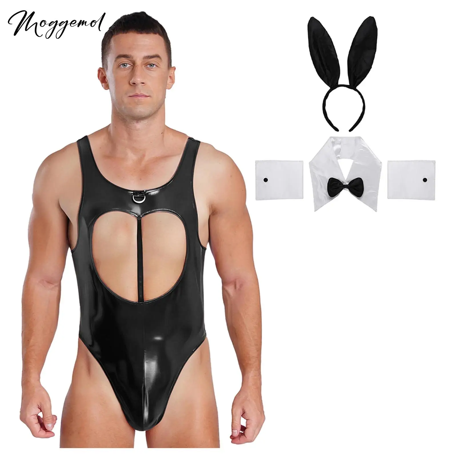 

Men 4Pcs Sexy Lingerie Sissy Bunny Cospay Bodysuit Rabbit Ear Headwear Bowtie Collar And Cuffs for Halloween Drag Queen Clubwear