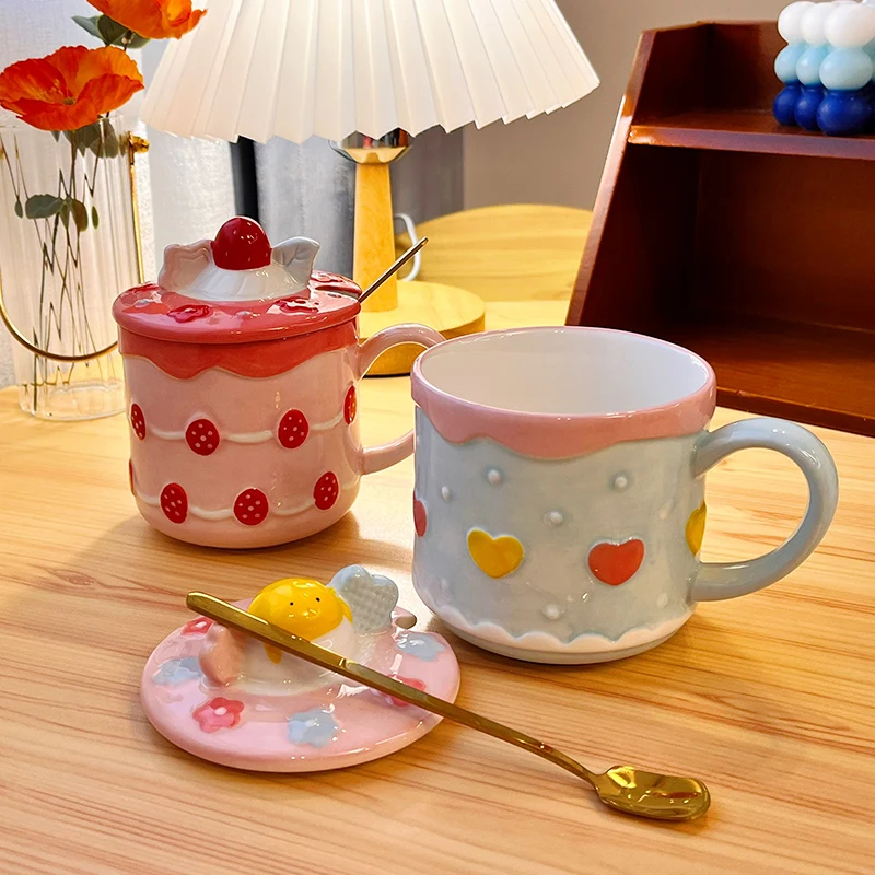 Ceramic Strawberry Design Water Cup High Aesthetic Value for Women Office Use Breakfast Cup Korean Style Cartoon Anime