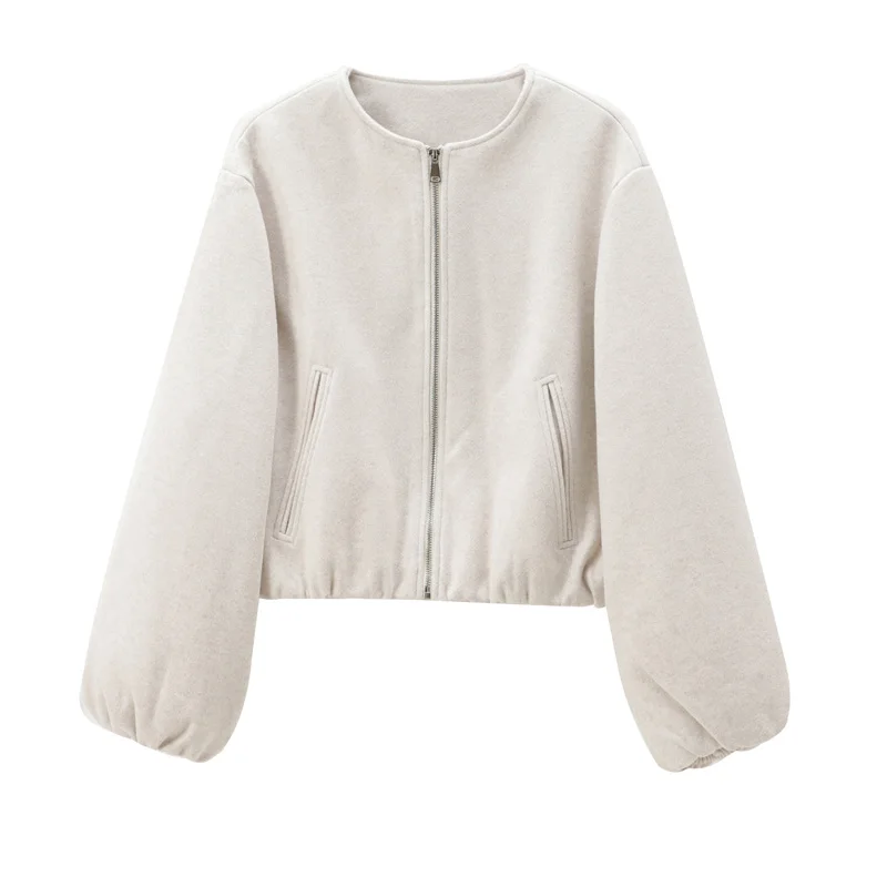 TRAF vêtements d'extérieur recadrée Bomber veste femmes automne à manches longues fausse laine manteaux pour femme hiver fermeture éclair gris Beige manteaux courts