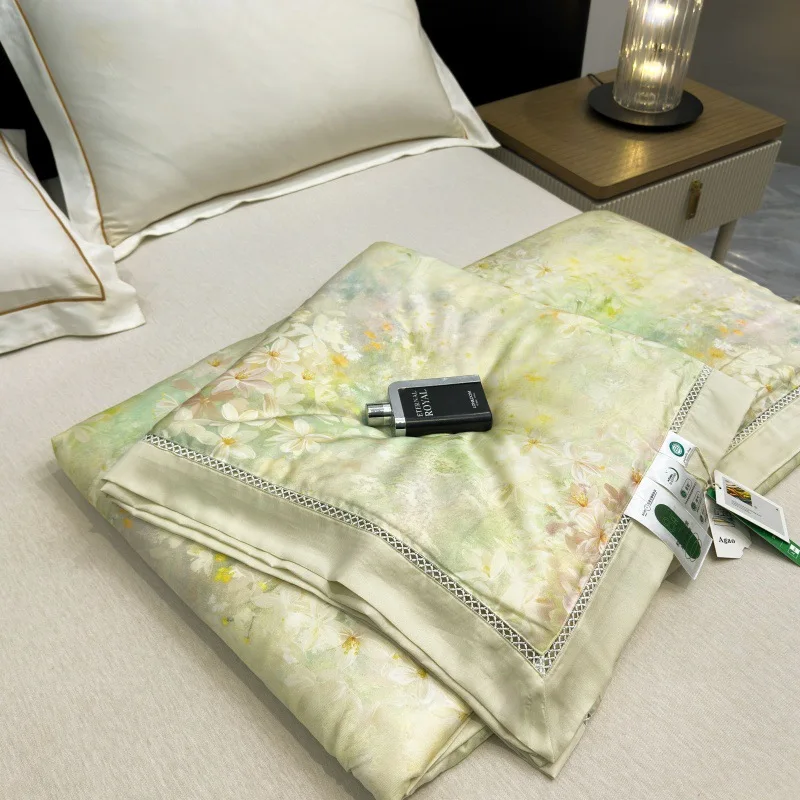 Summer 100S Lyocell Fiber Cooling Quilt High End Silky Naked Sleep Printed Comforter Luxury Soft Double Thin Blanket for Bed