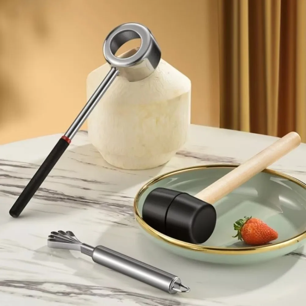 Stainless Steel Coconut Opener Tools Rubber Hammer Wooden Handle Coconut Puncher Multi-functional Heavy Duty Coconut Breaker Kit