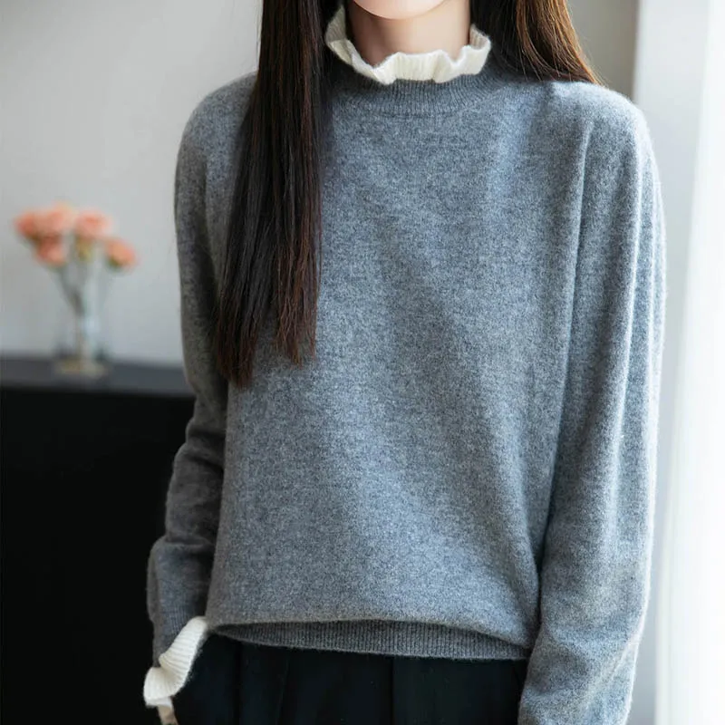 

High Quality Women Sweater Autumn Winter 100% Merino Wool Black Fungus Collar Sweater Pullover Loose Knitwear Korean Fashion