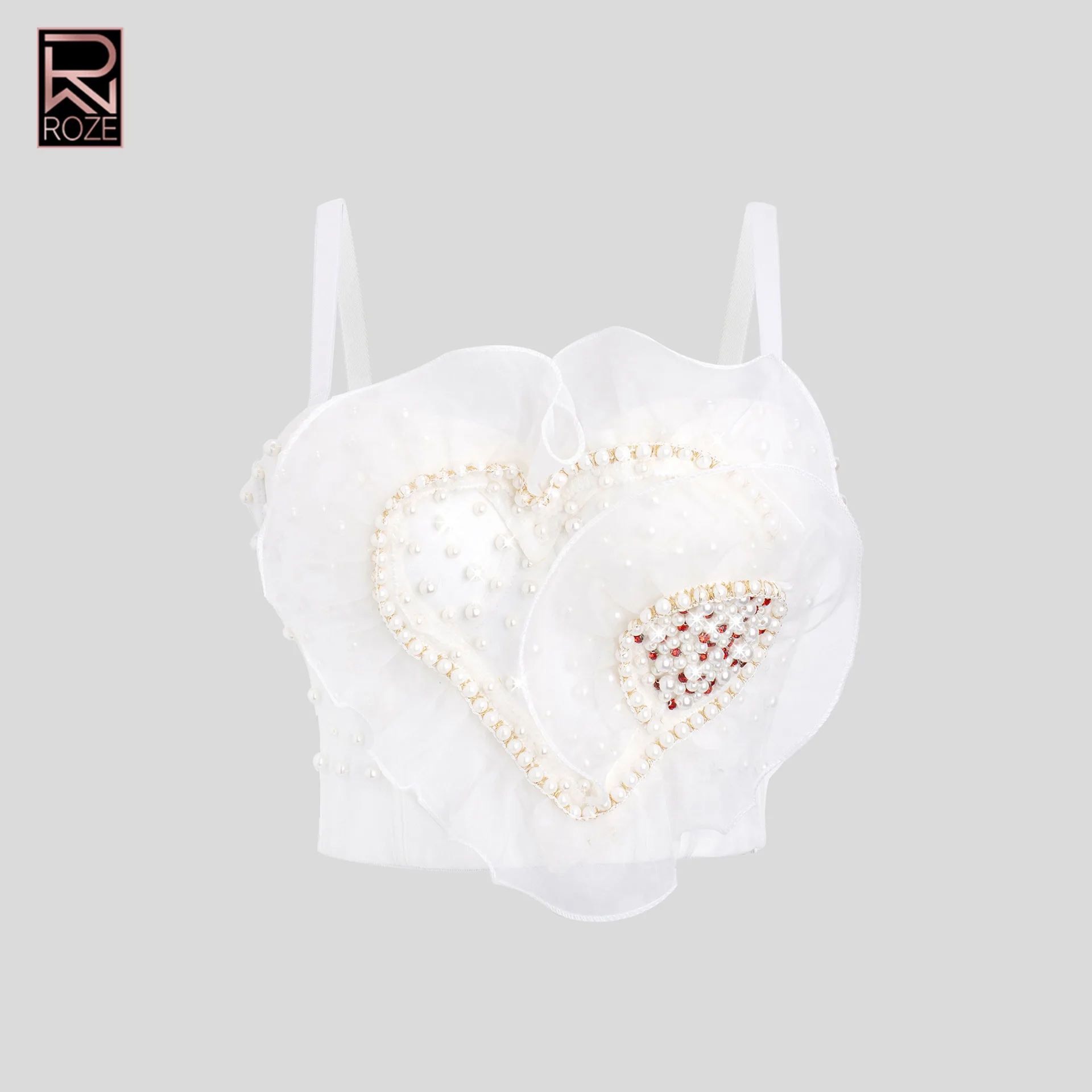 

Handcrafted White Wedding Top, Organza Ruffle & Pearl Applique Blouse with Heart Detail, Elegant Bridal Corset