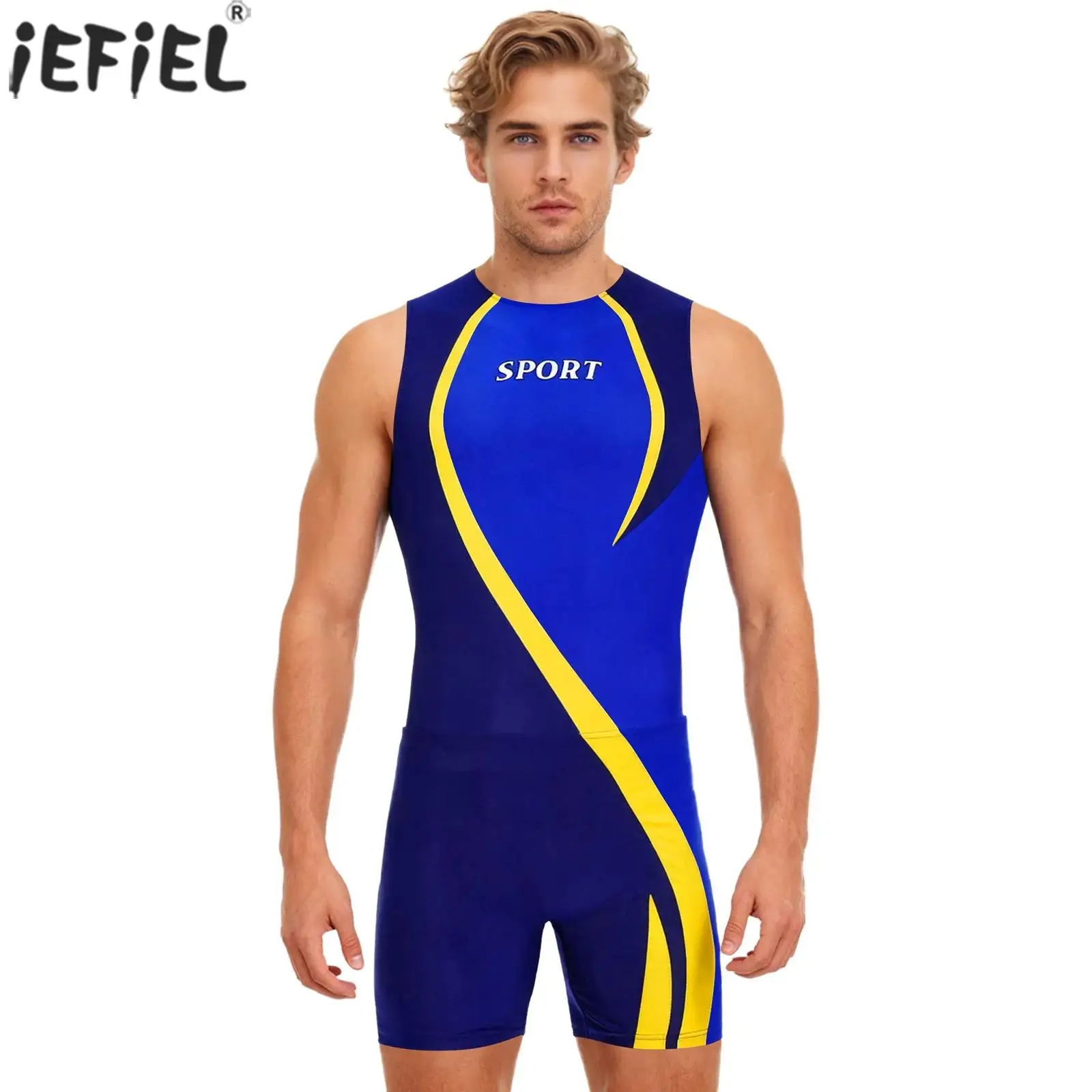 

Men Gym Workout Athletic Sport Swim Bodysuit with Shorts Sets Patchwork Sleeveless Stretchy Bodybuilding Diving Surfing Costumes