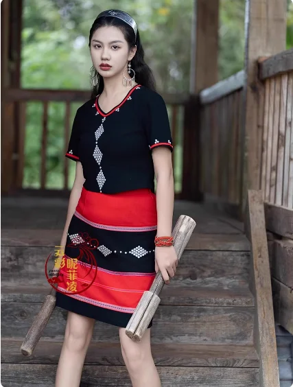 

Chinese Wa Ethnic Women's Style Slim Fit Top Short Skirt Pure Linen Set