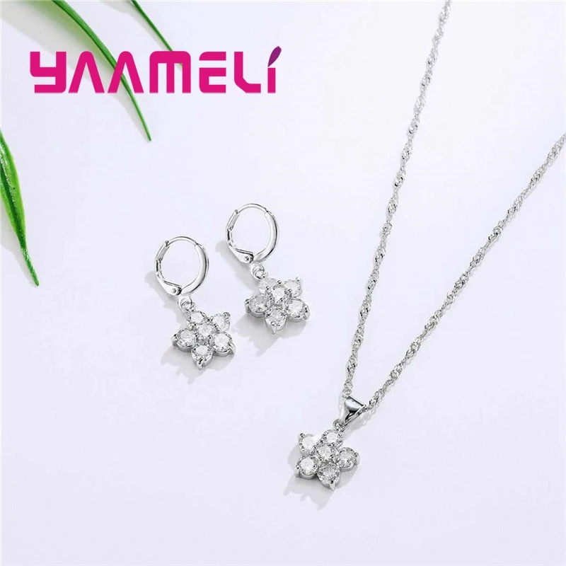Hot Sale Round Cubic Zirconia Flower 925 Sterling Silver Hoop Earrings Necklace for Women Wedding Jewelry Sets