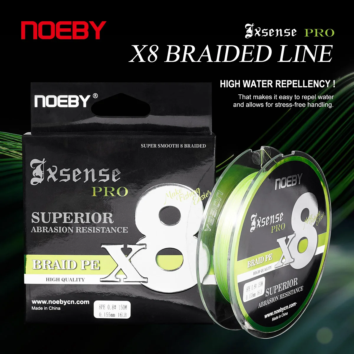 Noeby-Fluorescent Fishing Line, Braided Fishing Line, Superior Abrasion Resistance, Water Repellency, PE X8, 150m, 14-60lb, New