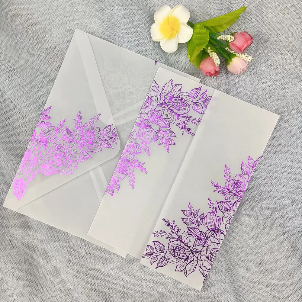 50X Vellum Wedding Invitations Cards Rose Gold Foil Bridal Shower Invite Envelopes Gilding Silver Stamping Foil Birthday Party