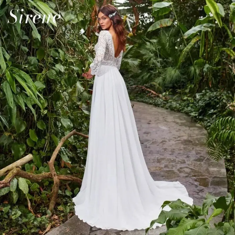 Gaun pengantin Bohemian Sweetheart gaun pengantin Backless sifon Applique renda putih lengan panjang A-Line gaun pengantin kereta Vestidos De Novia