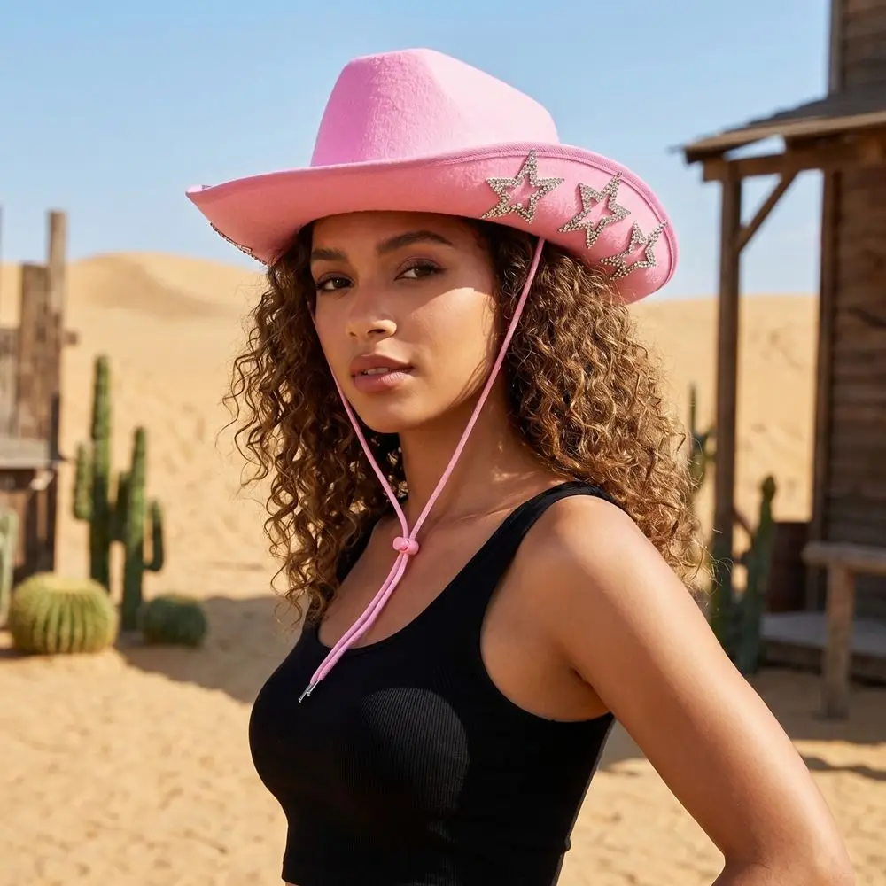 

Retro Shiny Western Cowboy Hat Star Glitter Wide Brim Rhinestone Star Jazz Hat Punk Ethnic Style Cowgirl Hat Street Party