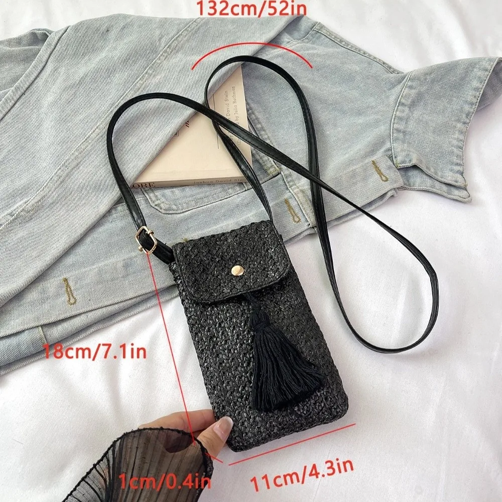 Portable Weaving Straw Woven Handbag Long Tassel Handmade Woman Phone Pouch Niche Design Solid Color Crossbody Bucket Bag Female view 6
