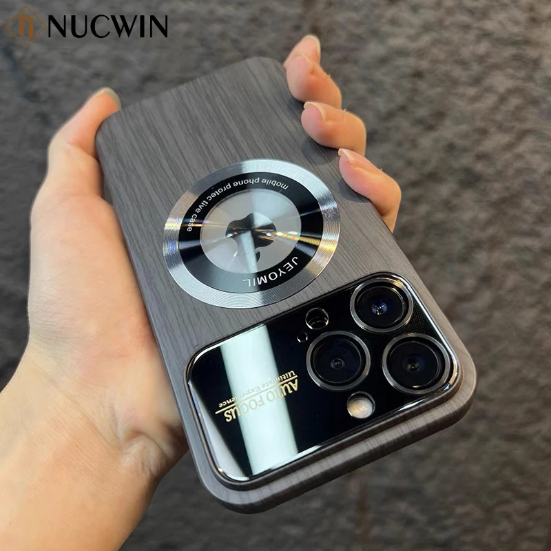 Luxury Large Window Wood Grain Magsafe Logo Hole Phone Case for iPhone 11 12 13 14 15 Pro Max 15 Plus Magnetic Shockproof Cover