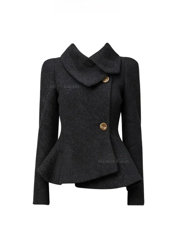 

Women's Woolen Coat Black Waist-Cinching Puff-Skirt Hem Jacket Commute Style Long Sleeve Regular Length Winter Outerwear