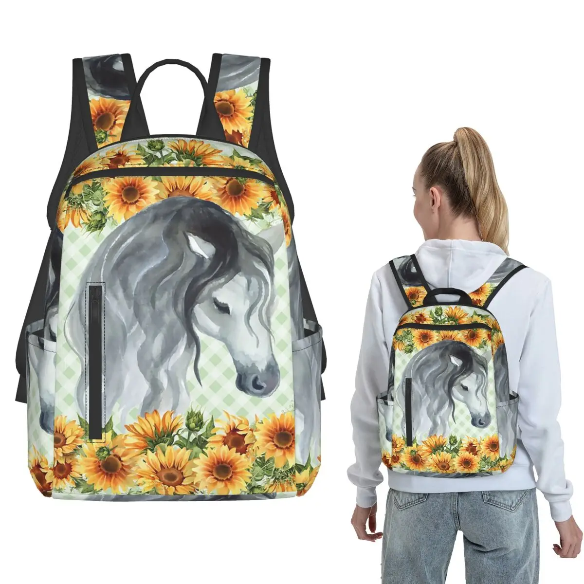 

Flowers And Horse Watercolor Painting Backpack Large Capacity Children BookBag School Bag Shoulder Bags for Men Women