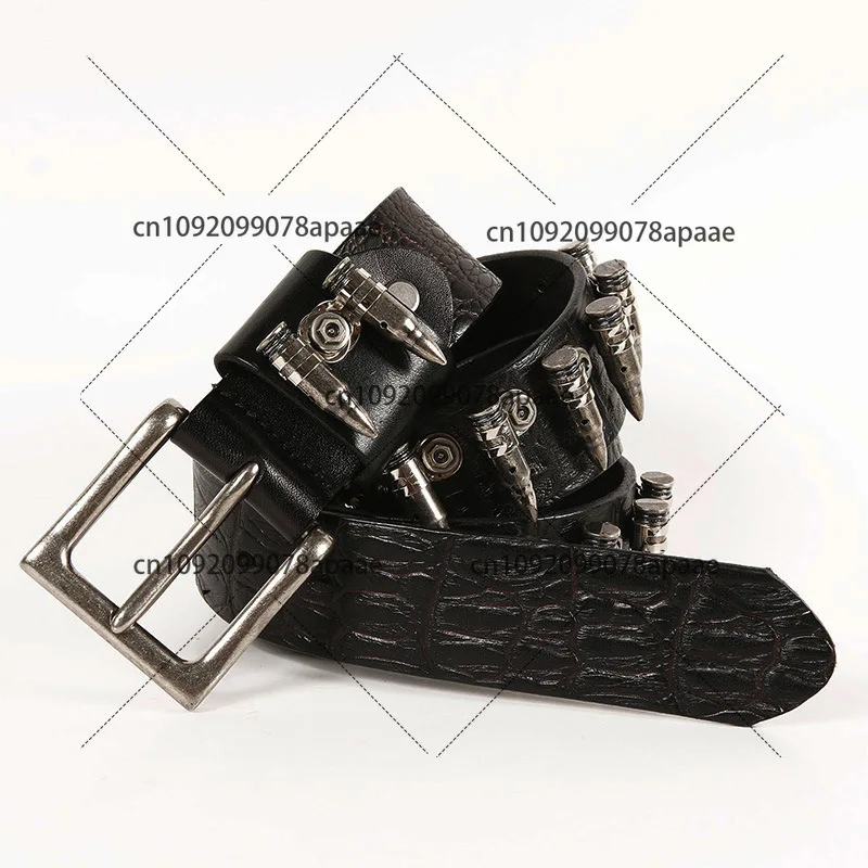 

New rock metal bullet inlaid men's top layer cowhide belt, personalized decorative leather belt