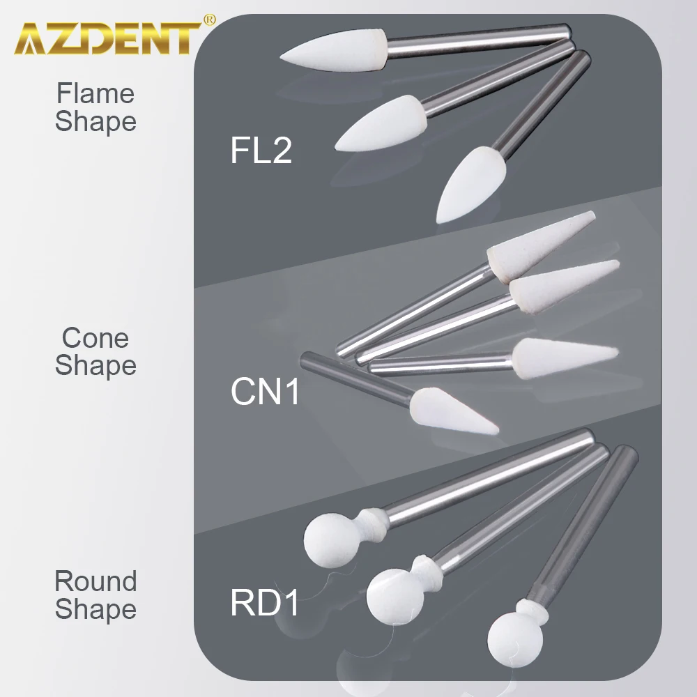 12pcs/Pack AZDENT Dental Polisher White Stone Flame Cone Round Shape Polishing Tool Metal Resin Porcelain Dentistry Instrument