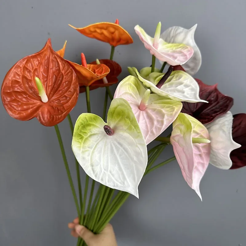 10Pcs Artificial Flowers PU Anthurium White Palm Wedding Decor Fake Flowers Anthurium Home Decoration Accessories Party Floral