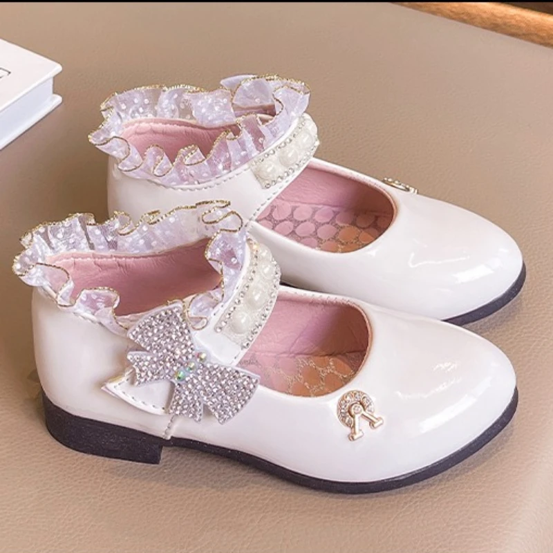 Little Girls Lace Trim Leather Shoes with Bow 2026 New Summer Kids Mary Jane Flats Soft Sole Simple Princess School Dance Shoes