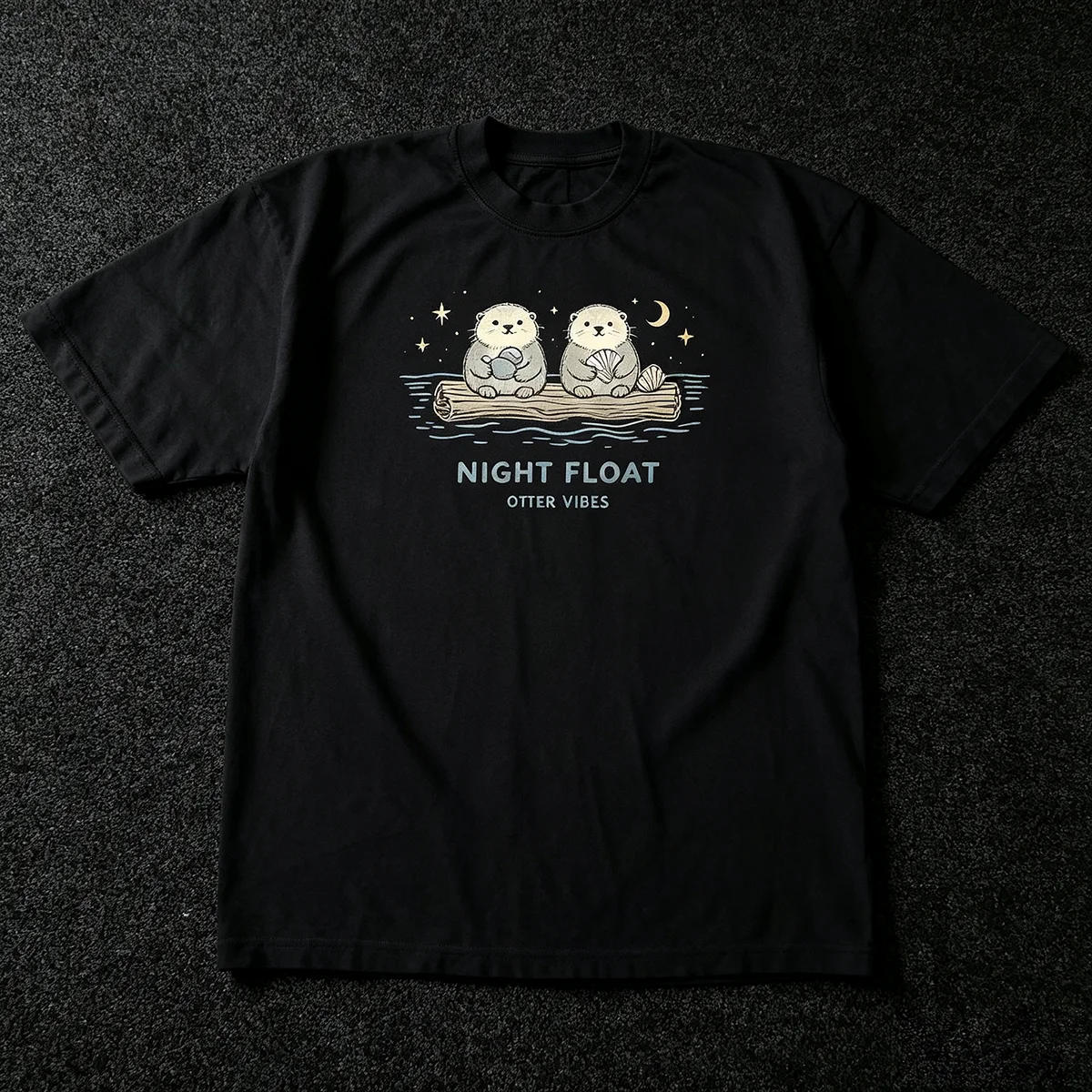 Night Float Otter Vibes T‑Shirt Cute Cartoon Otter Moon Star Night River Graphic Cottagecore Animal Streetwear Unisex Cotton Short Sleeve Tops for Men Women