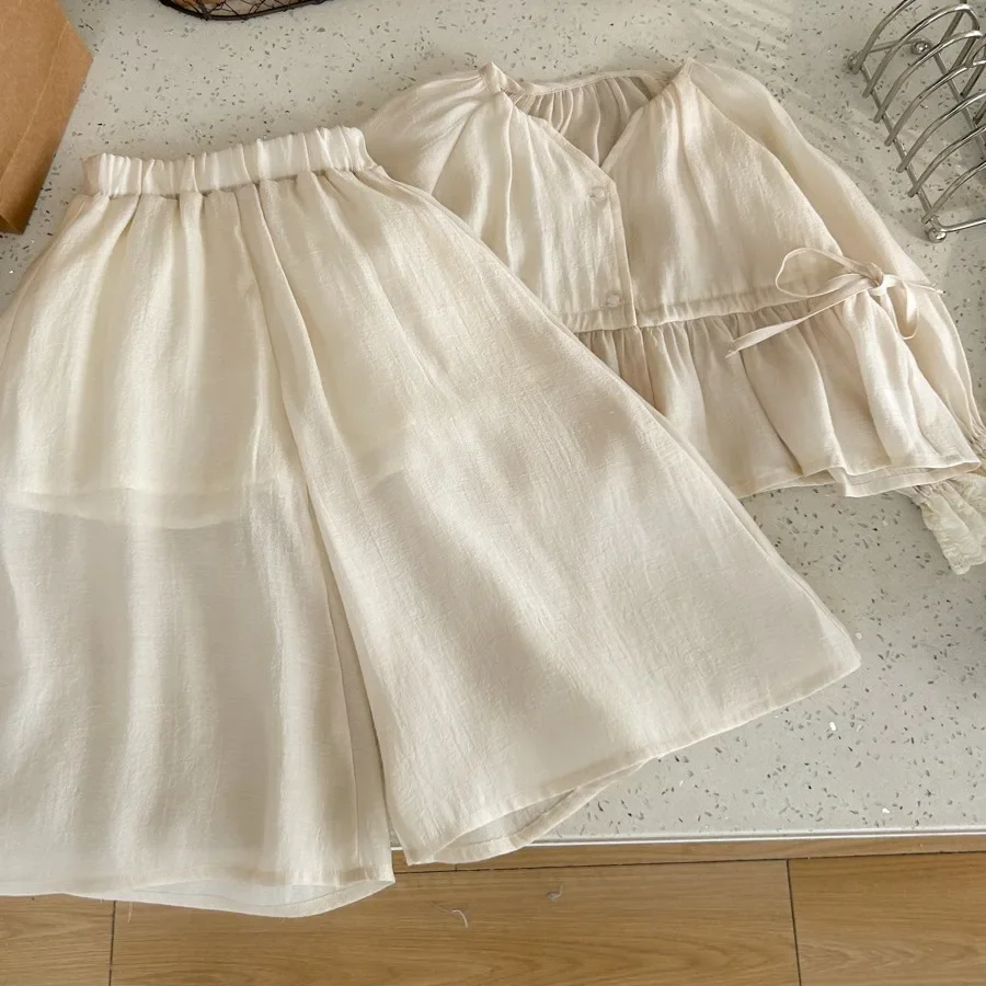 Conjunto de falda y camisa de verano para niñas, conjunto de dos piezas con botones simples, cintura elástica plisada, 2024