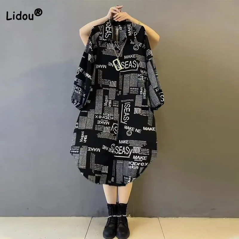 

Korean Casual Women's Letter Printed Shirt Dresses Spring Summer Fashionable Loose Single-breasted Midi Dress Female Clothing