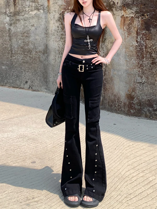 

Темные декоративные джинсы-клеш с заклепками и низкой талией для женщин, летние, в стиле Spicy Girl, модный дизайн, длинные хлопковые джинсы