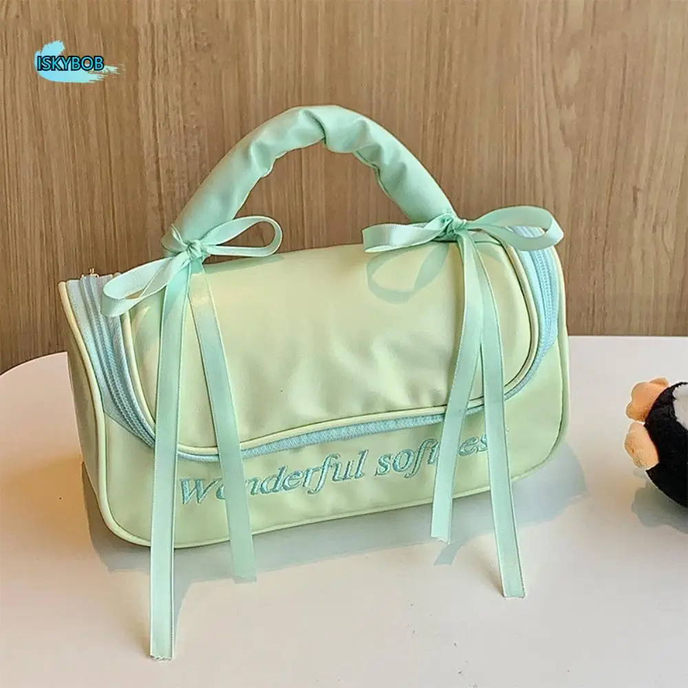 

PU Leather Women's Makeup Bag Waterproof Handheld Bowknot Cosmetic Bag Ballet Style Handbag Large Capacity Toiletry Ba Travel