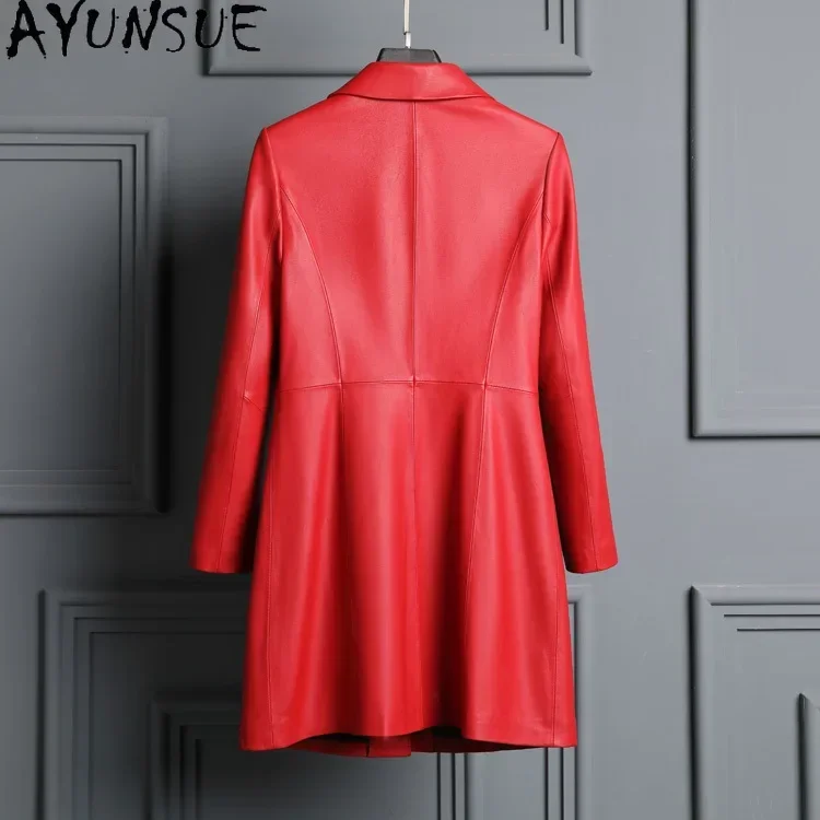 AYUNSUE Genuine Leather Jacket Women 2023 Autumn Winter Mid-length Real Sheepskin Coat Solid Color Chaqueta De Cuero Mujer