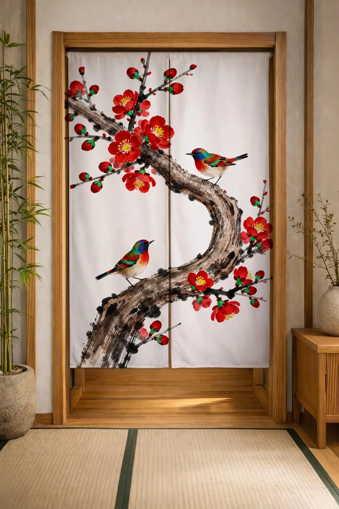 Elegant Chinese Style Red Blossoms and Birds Decorative Room Curtain for Home Interior Design