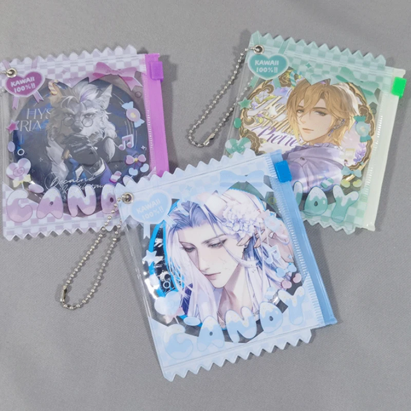 Cartoon Transparent PVC Candy Badge Storage Bags With Keyring Mini Dolls Organizer Pouches Display Bag Gift