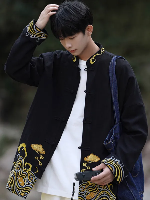 

Мужская молодежная куртка свободного кроя в китайском стиле с вышивкой, костюм Тан, весенне-осенняя повседневная верхняя одежда из смесового хлопка и льна
