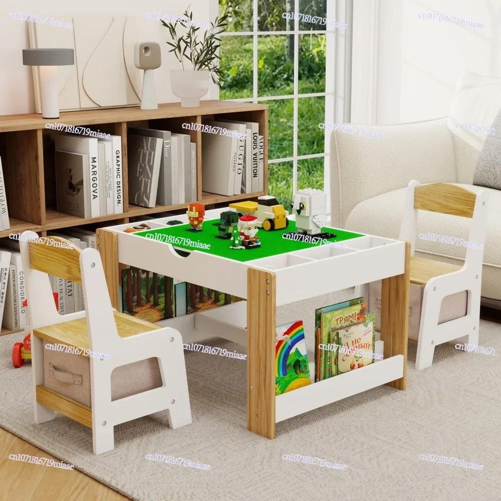 Children's 2-in-1 Gaming Table and 2 Chair Set, Compatible with  Blocks, Modern Activity Learning Table Gaming Furniture