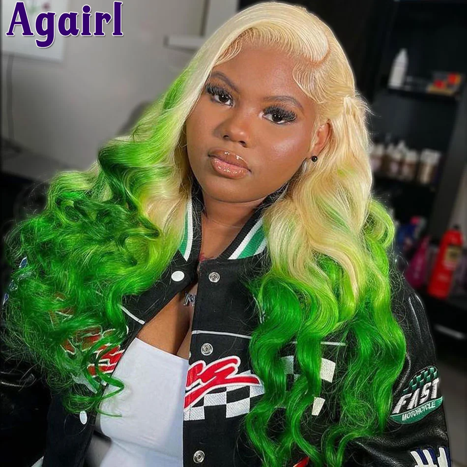 Light Green Roots with 613 Blonde Colored Body Wave Human Hair Wigs PrePlucked Transparent 13x4 13x6 Lace Frontal Wigs for Women