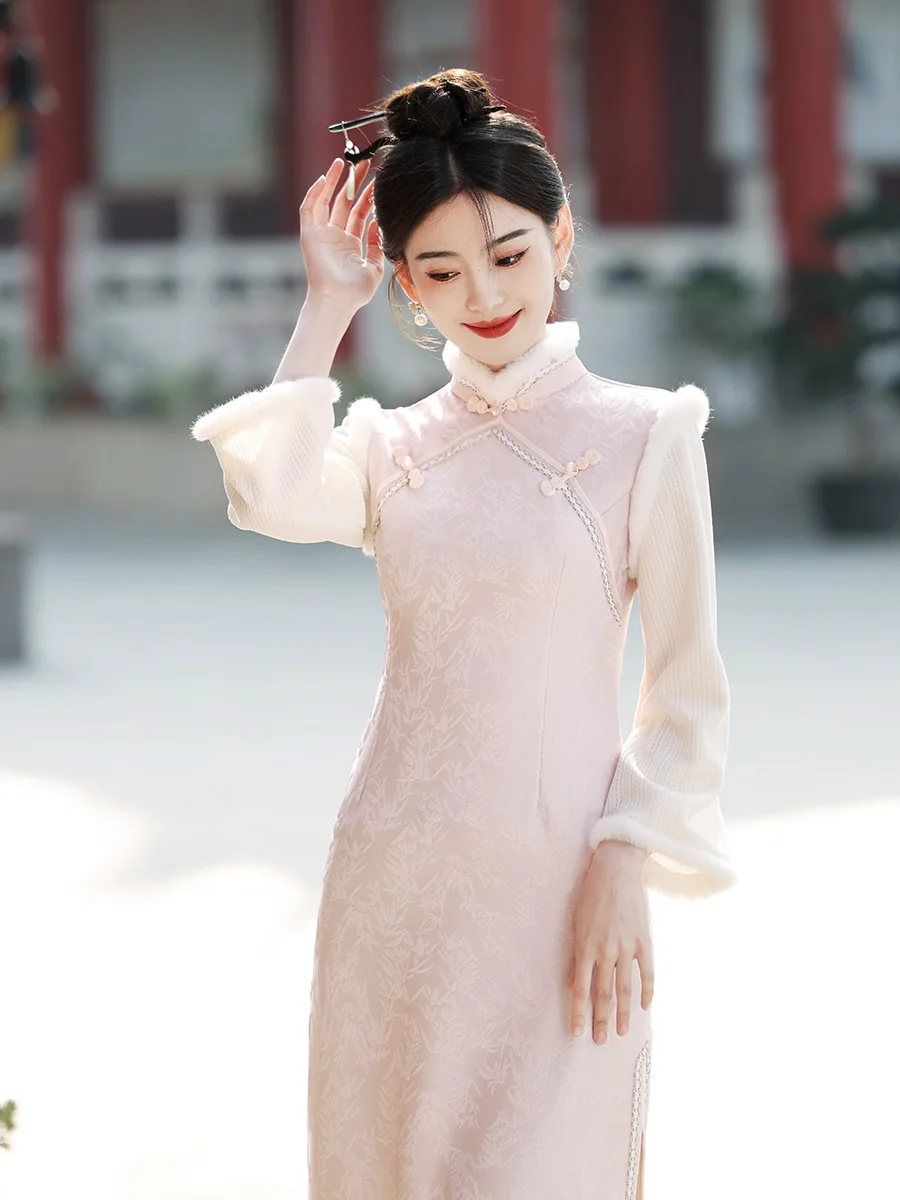 Cheongsam rosa novo outono e inverno novo estilo chinês feminino