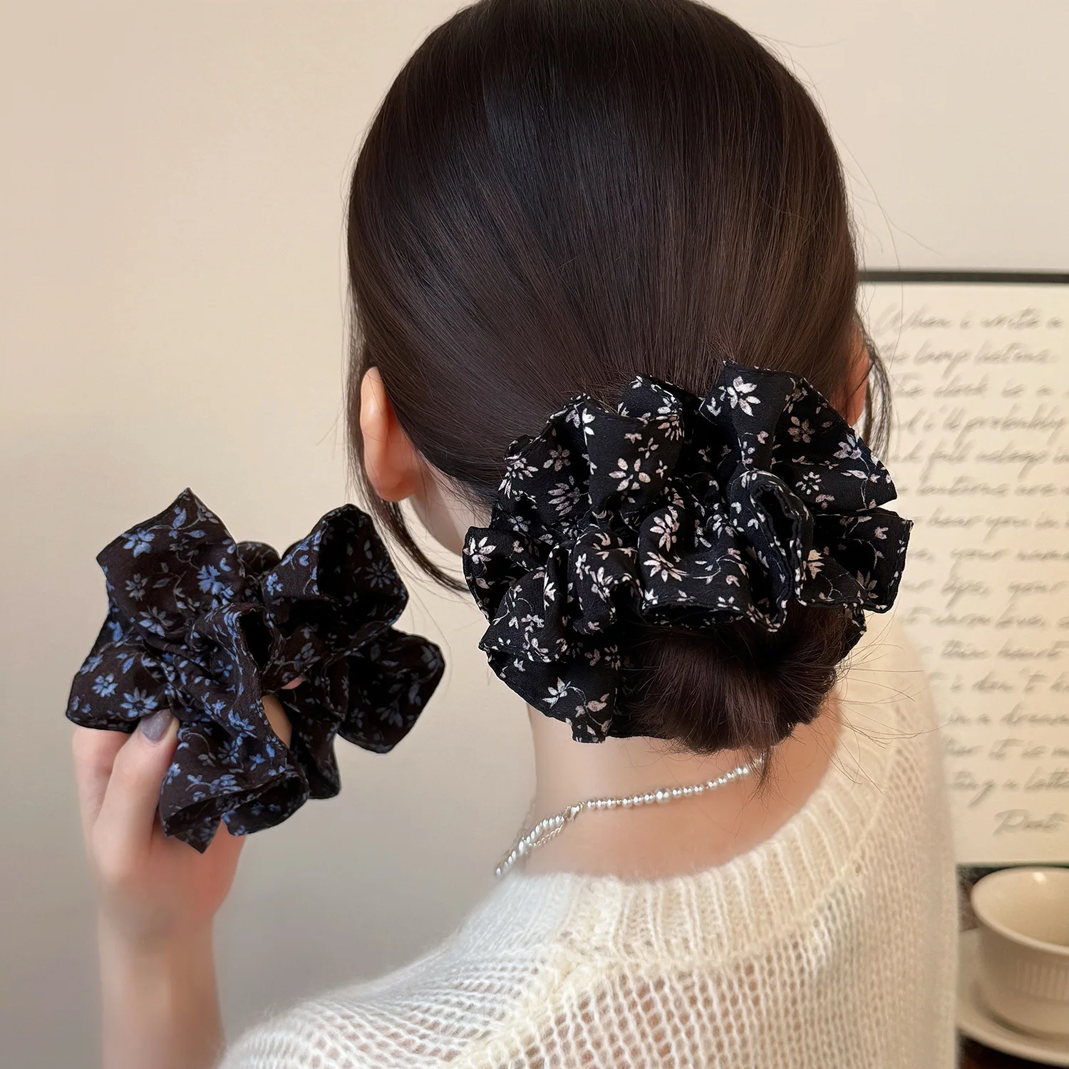 French Double Layer Black Floral Large Scrunchies Vintage High Elastic Hair Ties for Women Bun Ponytail Holder Premium