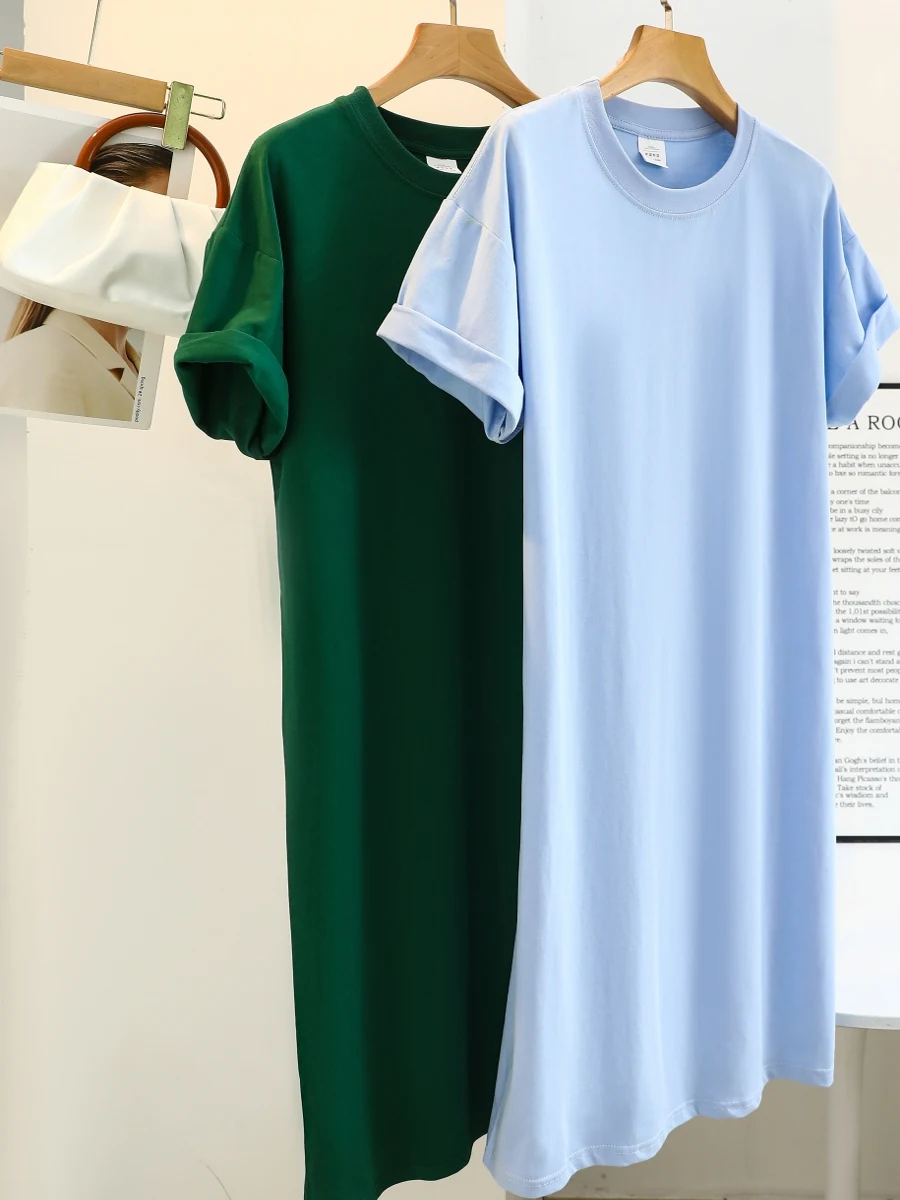 

Женское хлопковое платье-футболка больших размеров, длиной до колена, свободного кроя, средней длины, в корейском стиле, для весны и лета, повседневное, с круглым вырезом