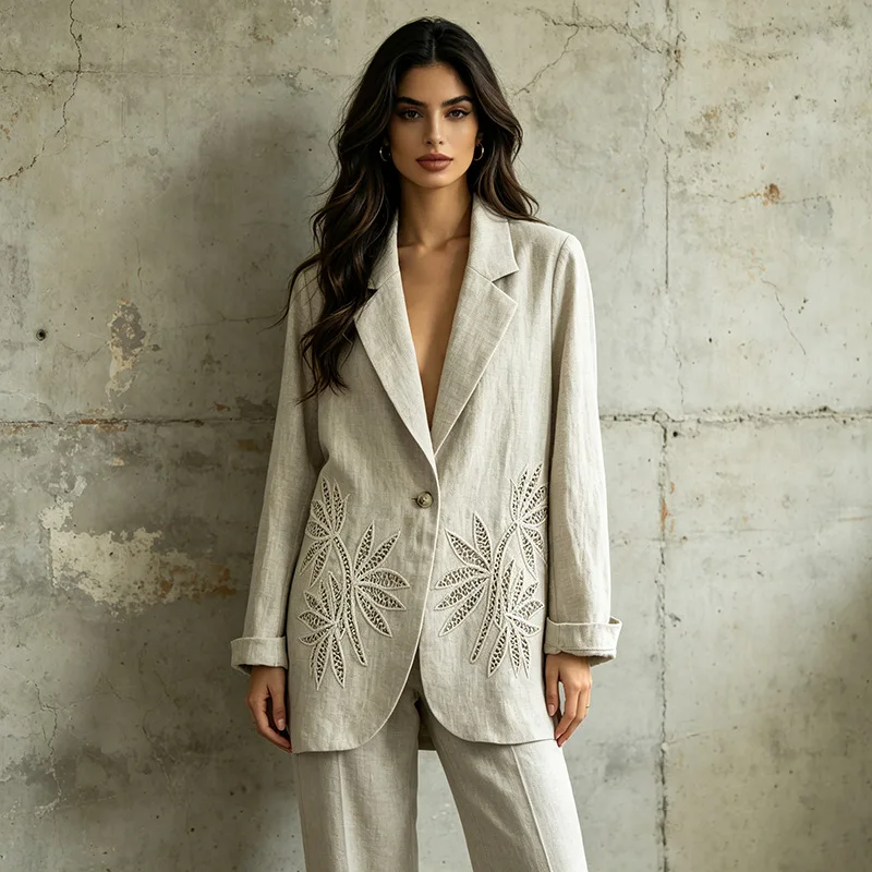 ZAMOR HIGH END Elegant Commuter Top 2026 Autumn New Solid Color Embroidery Hollow Out V-Neck One Button Long Sleeve Blazer Outer
