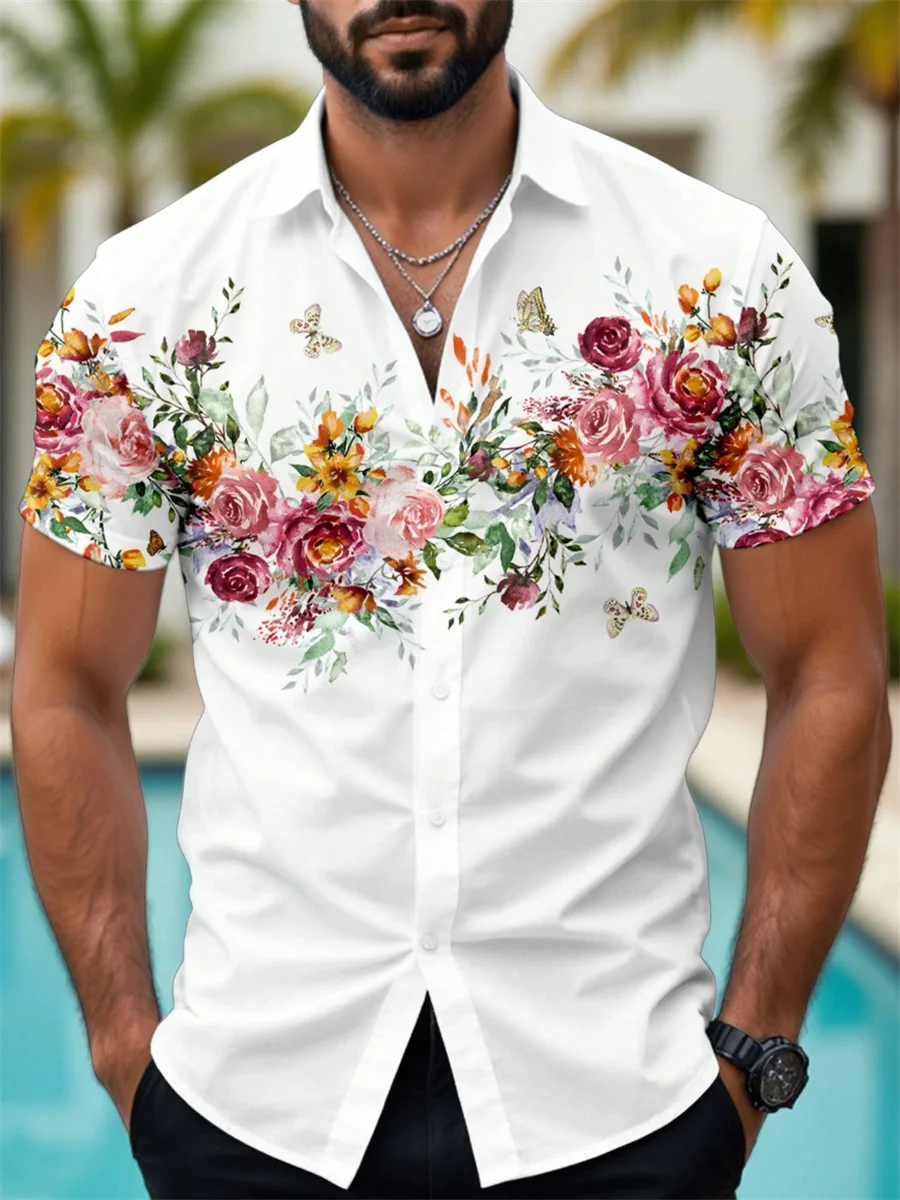 2025 new men's shirt Hawaiian shirt, pure color flower print short sleeve beach casual style summer vacation party top
